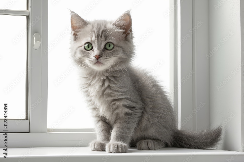Fluffy gray kitten sitting on a windowsill, looking curiously. Fluffy gray kitten sitting on a windowsill, looking curiously.