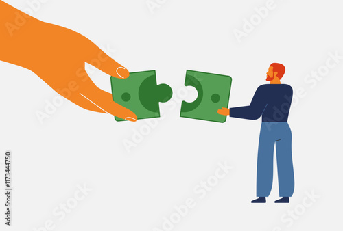 Financial and business collaboration. two people connecting puzzle pieces to form a dollar symbol. flat Vector illustration
