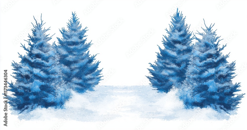 Obraz premium A winter landscape with a white snow background and blue spruce trees on the sides, with snow falling.