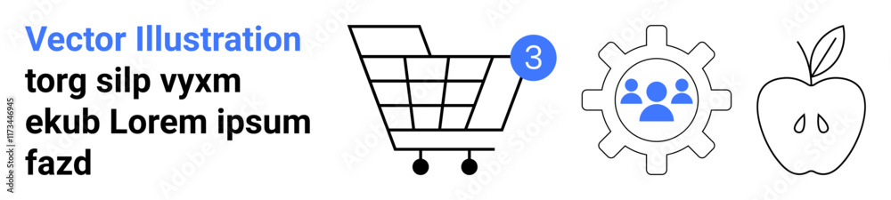Shopping cart with notification bubble, gear with people, and apple icon. Ideal for e-commerce, teamwork, productivity, technology, health, wellness, internet. Landing page Shopping cart with notification bubble, gear with people, and apple icon. Ideal for e-commerce, teamwork, productivity, technology, health, wellness, internet. Landing page