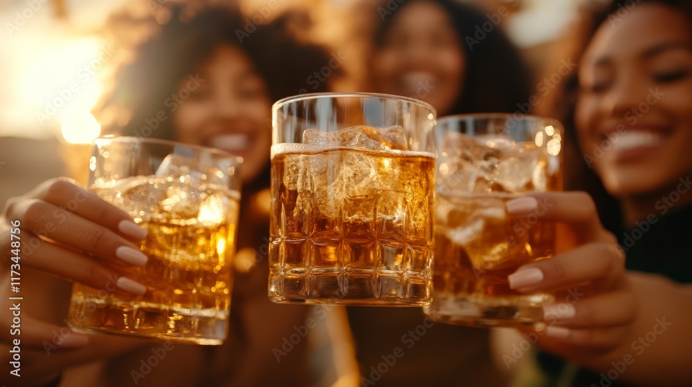 Three cheerful women are holding whiskey glasses with ice, toasting and celebrating during a summer holiday evening, enjoying the golden hour light Three cheerful women are holding whiskey glasses with ice, toasting and celebrating during a summer holiday evening, enjoying the golden hour light