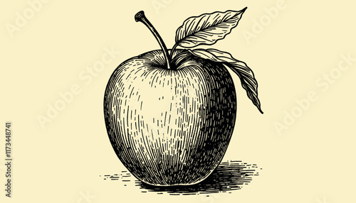 Intricate vintage apple engraving in black and sepia tones with detailed linework, illustration