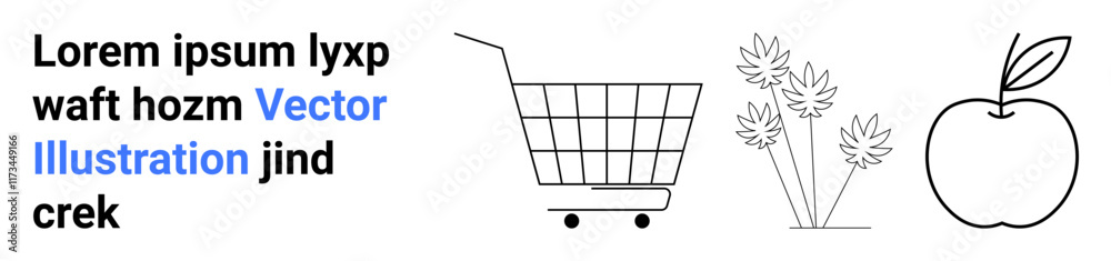 Shopping cart, carrots, apple in black outline using minimal design and sample text in black and blue. Ideal for marketing campaigns, banners, landing pages, advertisements, grocery store promotions Shopping cart, carrots, apple in black outline using minimal design and sample text in black and blue. Ideal for marketing campaigns, banners, landing pages, advertisements, grocery store promotions