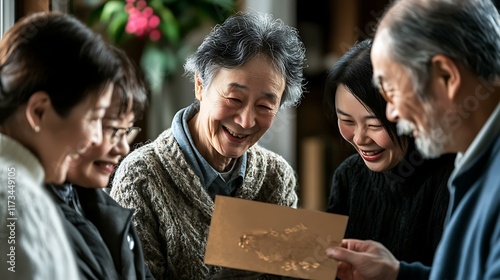 Retiree surrounded by family members holding a farewell card photo