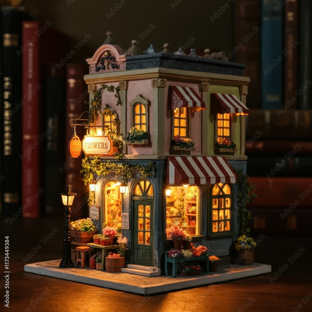 Obraz premium Miniature flower shop diorama, cozy storefront, warm glowing windows, street lamp, detailed architectural model, tiny potted plants, intricate dollhouse, soft night lighting, charming facade, miniatur