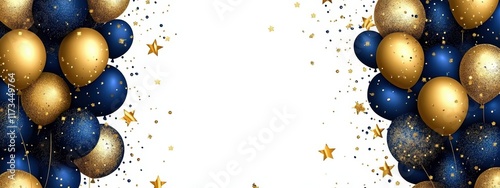 Festive balloons, gold and navy blue spheres, confetti, celebration backdrop, white background, party decorations, shiny metallic balloons, elegant event design, golden glitter, holiday atmosphere, lu