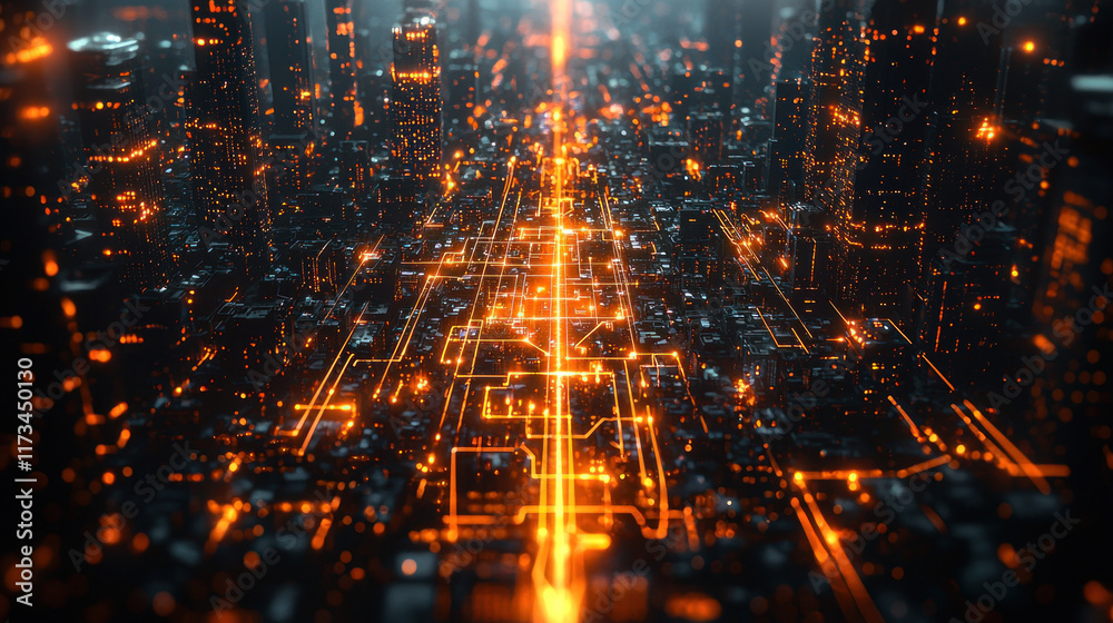 Fototapeta premium Circuitry glowing within futuristic city skyline at night