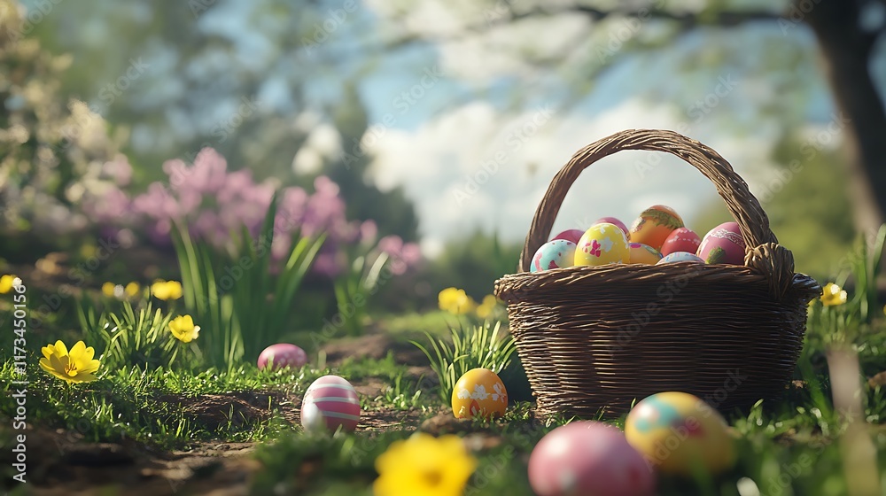 A basket filled with colorful Easter eggs surrounded by flowers in a sunny garden. A basket filled with colorful Easter eggs surrounded by flowers in a sunny garden.