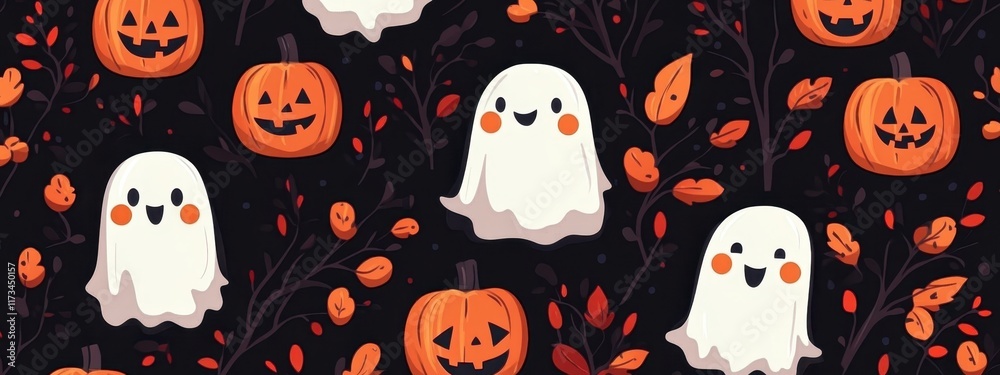 Fototapeta premium Halloween pattern, cute cartoon ghosts, jack-o-lanterns, falling autumn leaves, dark background, playful spooky design, kawaii style, orange and white on black, seamless repeat pattern, festive holida