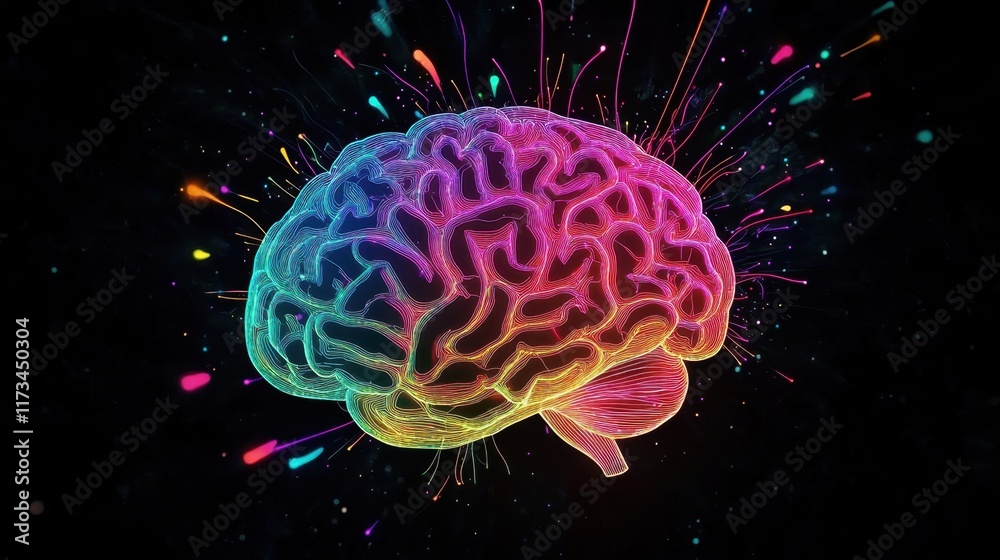 Fototapeta premium Colorful neon brain, vibrant rainbow colors, anatomical brain illustration, glowing neural pathways, cosmic background, stars, digital art, 3D rendering, psychedelic, neuroscience visualization, abstr
