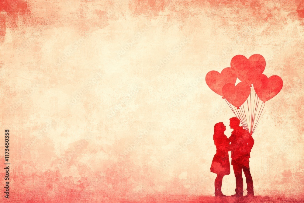 Romantic silhouette of couple with heart balloons on textured background Romantic silhouette of couple with heart balloons on textured background