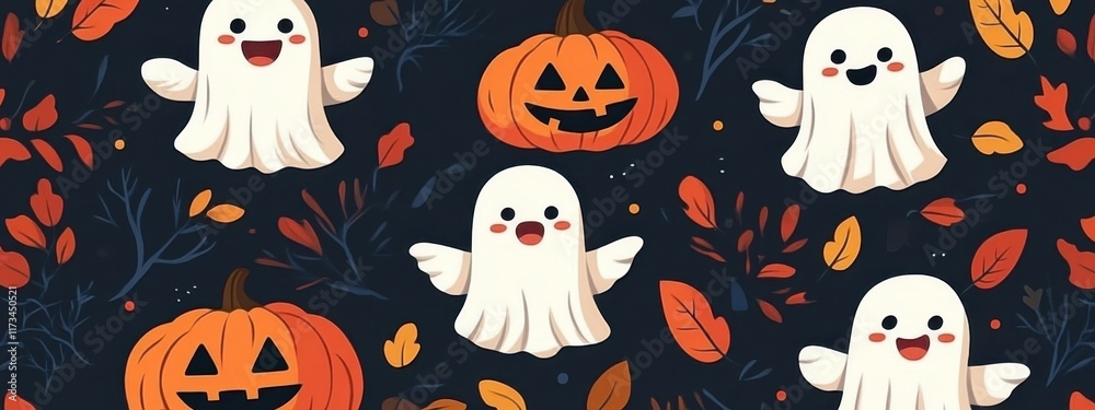 Fototapeta premium Halloween pattern, cute cartoon ghosts, jack-o-lanterns, falling autumn leaves, dark background, playful spooky design, kawaii style, orange and white on black, seamless repeat pattern, festive holida