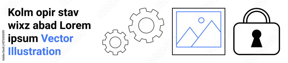 Gears, image frame, and lock icon convey concepts of technology, security, and creativity. Ideal for tech services, security systems, software development, digital content automation innovation Gears, image frame, and lock icon convey concepts of technology, security, and creativity. Ideal for tech services, security systems, software development, digital content automation innovation