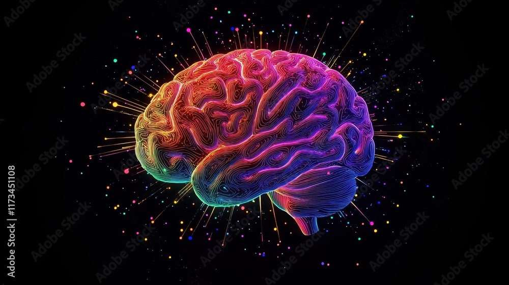 Fototapeta premium Colorful neon brain, vibrant rainbow colors, anatomical brain illustration, glowing neural pathways, cosmic background, stars, digital art, 3D rendering, psychedelic, neuroscience visualization, abstr