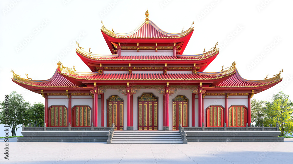 Photograph of a Picturesque Temple with Striking Red and Gold Accents, Highlighting Unique Architectural Features Against a Bright Sky and Lush Greenery to Enhance Its Spiritual Significanc Photograph of a Picturesque Temple with Striking Red and Gold Accents, Highlighting Unique Architectural Features Against a Bright Sky and Lush Greenery to Enhance Its Spiritual Significanc