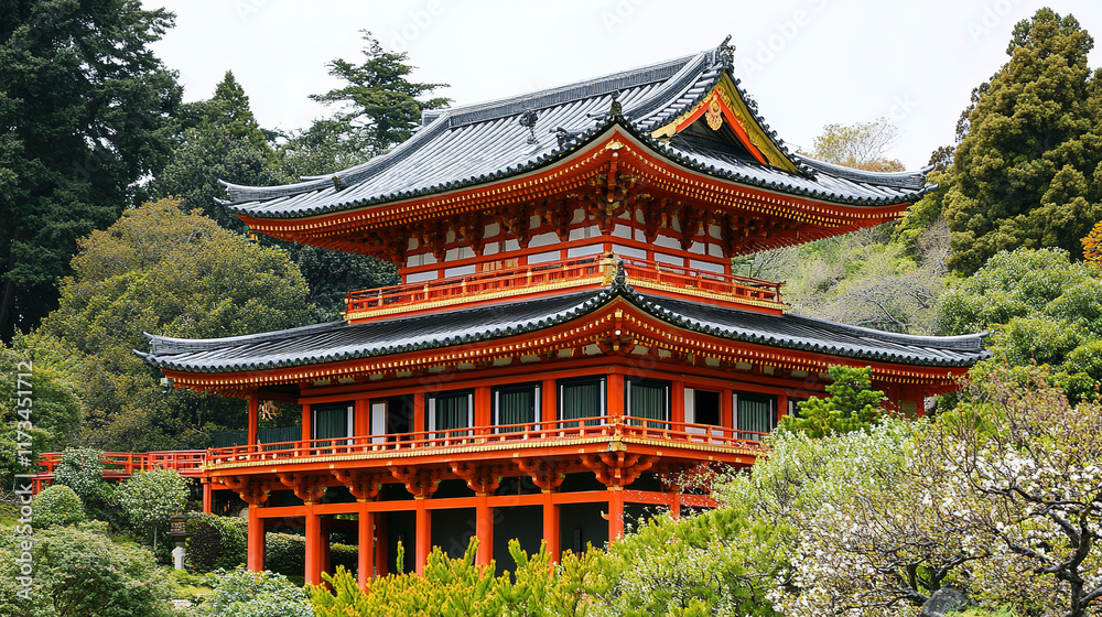 Photograph of a Picturesque Temple with Striking Red and Gold Accents, Highlighting Unique Architectural Features Against a Bright Sky and Lush Greenery to Enhance Its Spiritual Significanc Photograph of a Picturesque Temple with Striking Red and Gold Accents, Highlighting Unique Architectural Features Against a Bright Sky and Lush Greenery to Enhance Its Spiritual Significanc