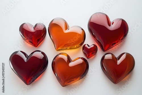 Assorted glass hearts in red and orange on white background