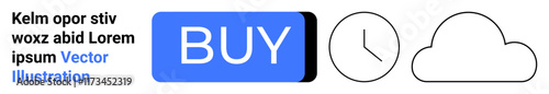 Buy button, analog clock icon, cloud icon. Ideal for e-commerce, scheduling, time management, cloud storage, online shopping, user interface, digital marketing. Clean design. Landing page
