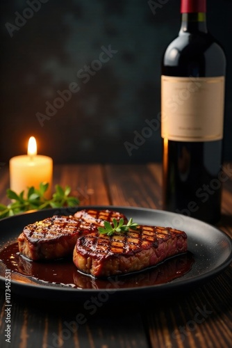 Sizzling steaks, red wine bottle, candlelight , two, instafood
