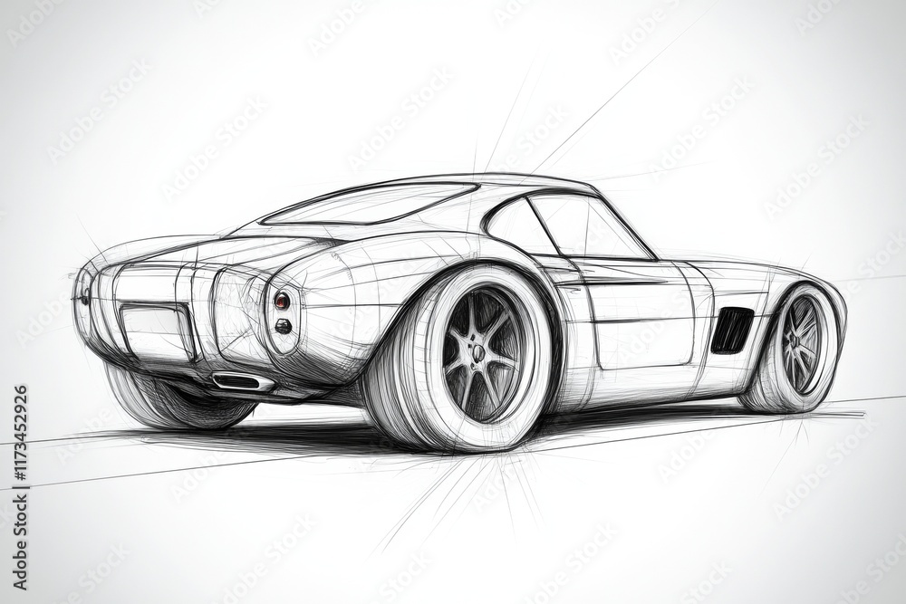 Naklejka premium Drawing of a car with a large wheel and a small wheel. The car is white and has a black tail light