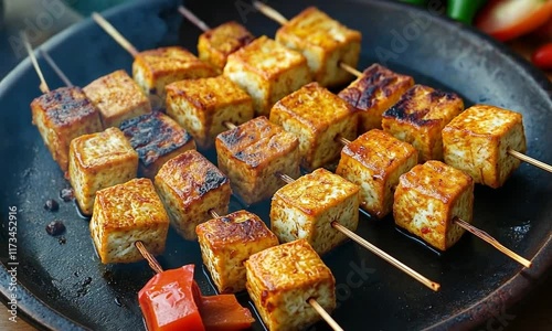 Fried paneer tikka 9on skewers in a plate, closeup