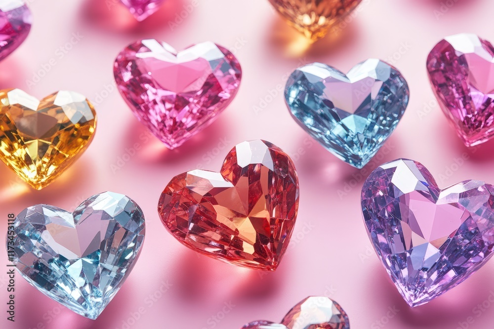 Fototapeta premium Colorful heart-shaped crystals with pink background