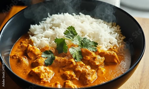 Chicken curry with rice in a black bowl, closeup photo