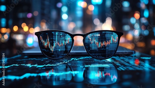 Eyeglasses, smartphone, and laptop with glowing blue forex chart on blurry background, financial growth, trade and stock market concept, double exposure effect photo