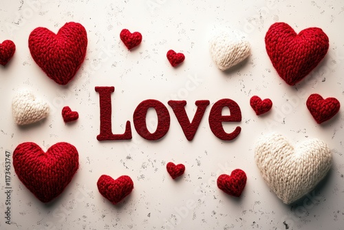 Red and white knitted hearts surrounding 'love' text on white background