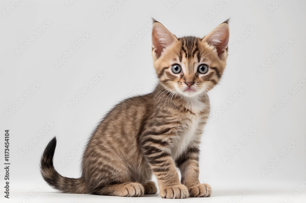 Fototapeta premium Adorable tabby kitten sitting on white background.