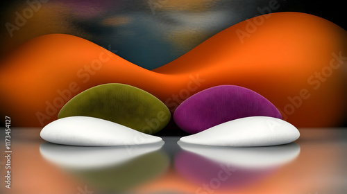 Wallpaper Mural Abstract orange wave background, two textured stones, white reflective surface, peaceful scene, ideal for meditation or relaxation themes. Torontodigital.ca