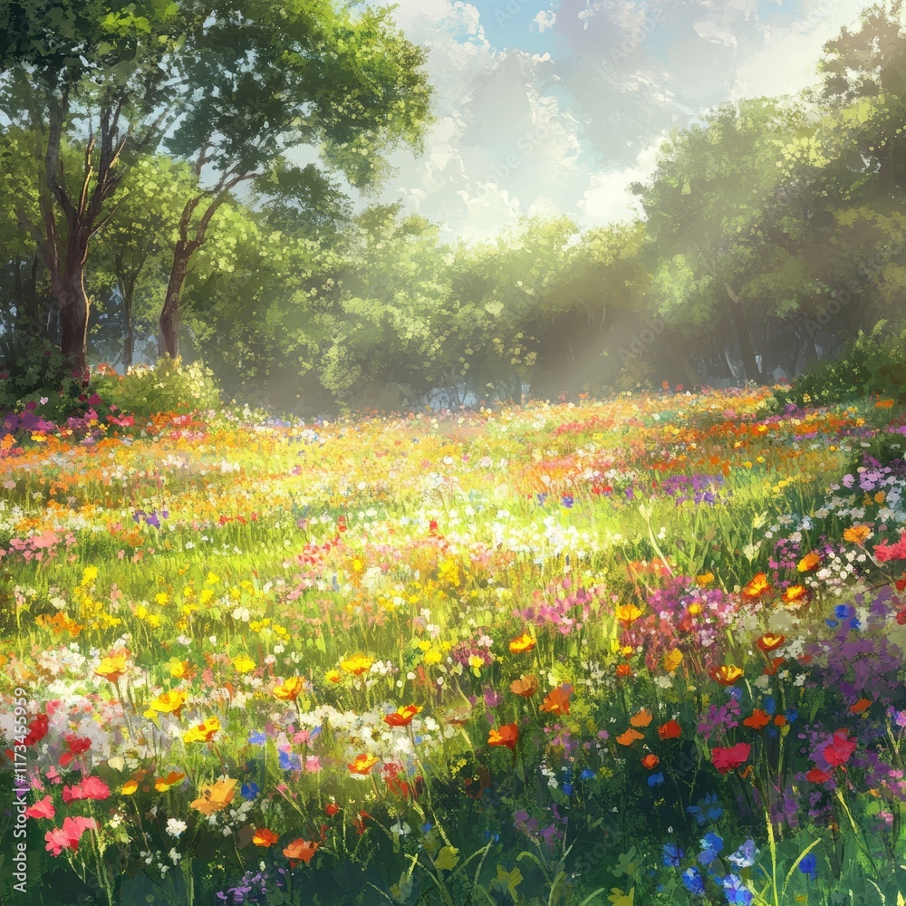 Fototapeta premium A colorful meadow filled with wildflowers under a bright sky, surrounded by lush trees, embodying the tranquility and beauty of nature.