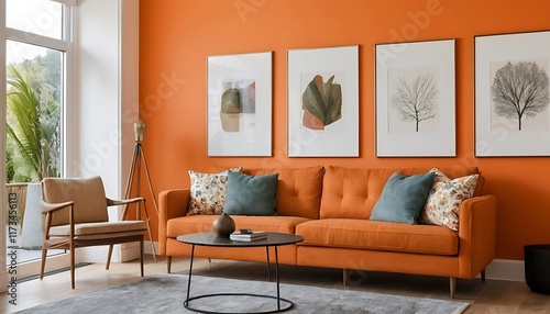 A living room sofa is positioned against an orange wall, A living room sofa is against an orange wall
