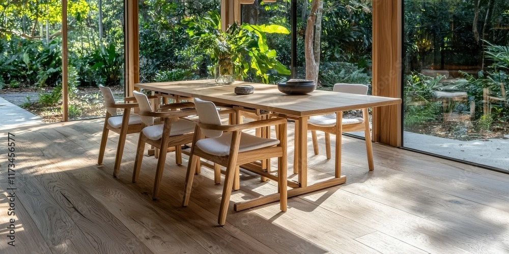 Fototapeta premium Elegant dining area with natural light, featuring a wooden table and serene surroundings.