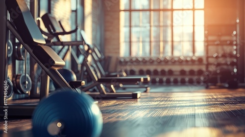 Modern Fitness Center: Sunlit Gym Interior with Exercise Equipment photo