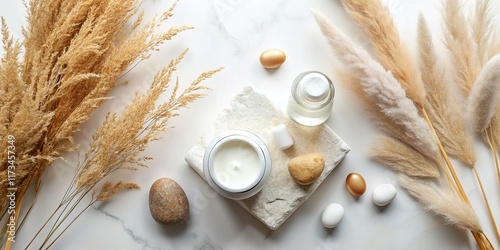Pampas Grass & Stones with Skincare Products: Close-up Beauty Shot