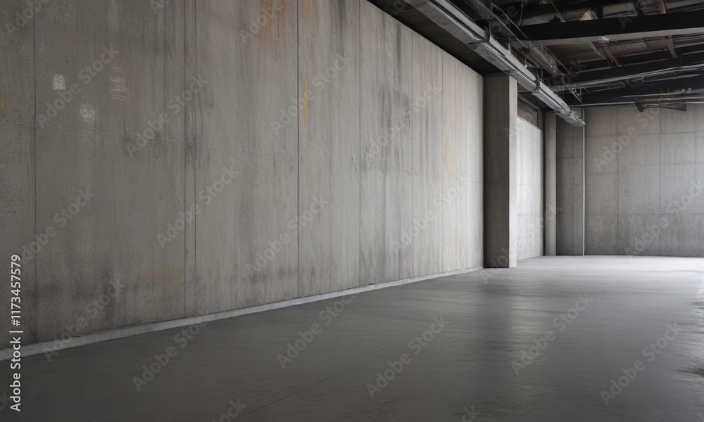 Urban Hall Interior with Empty Gray Wall and Exposed Steel, modern space, exposed steel, empty gray wall Urban Hall Interior with Empty Gray Wall and Exposed Steel, modern space, exposed steel, empty gray wall