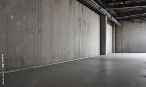 Urban Hall Interior with Empty Gray Wall and Exposed Steel, modern space, exposed steel, empty gray wall