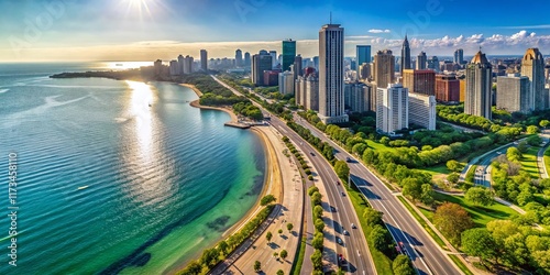 Panoramic Aerial View of Chicago's Lake Shore Drive & North Avenue Beach photo