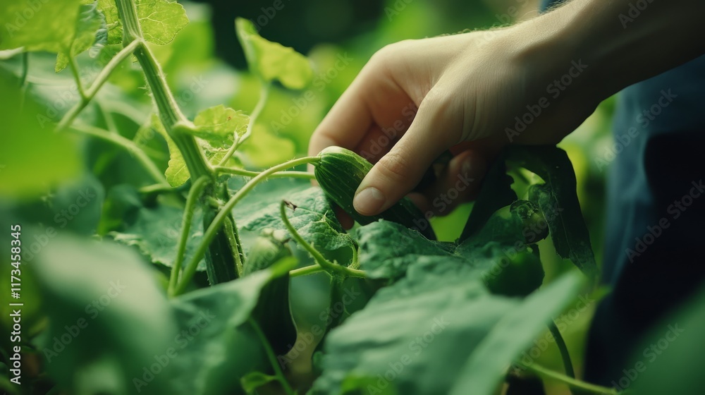 Hand harvesting fresh cucumber from lush green garden Hand harvesting fresh cucumber from lush green garden