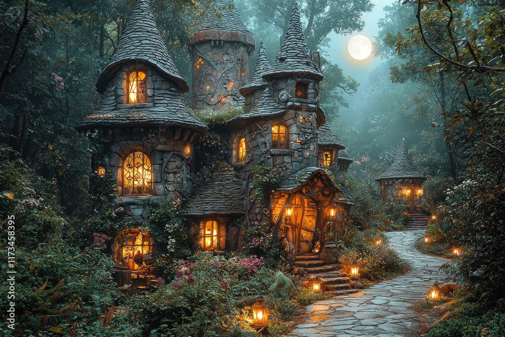 Stone fairytale castle in misty moonlit forest with pathway and village Stone fairytale castle in misty moonlit forest with pathway and village