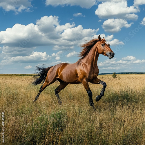 A stunning photograph capturing the beauty and grace of a horse running across open land. Featuring natural motion, dynamic energy, and the freedom of the countryside, this image highlights the streng photo
