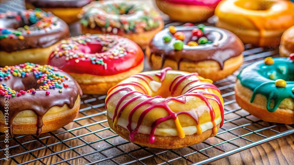 custom made wallpaper toronto digitalClose-Up of Glazed Donuts with Vibrant Toppings on a Wire Cooling Rack, Showcasing Freshness and Indulgence in a Casual Setting