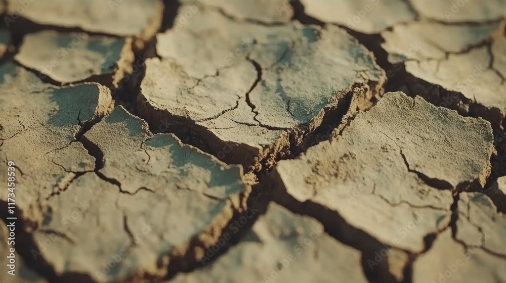 Fototapeta premium Dry, cracked soil texture illustrating water scarcity in nature.