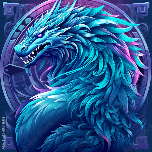 Majestic dragon in vibrant shades of blue and teal glows enchantingly photo