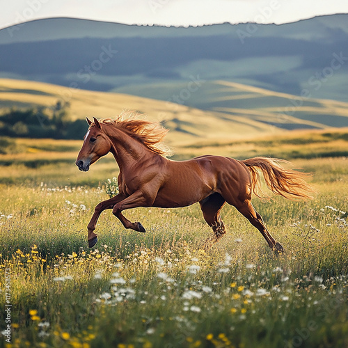 A stunning photograph capturing the beauty and grace of a horse running across open land. Featuring natural motion, dynamic energy, and the freedom of the countryside, this image highlights the streng photo
