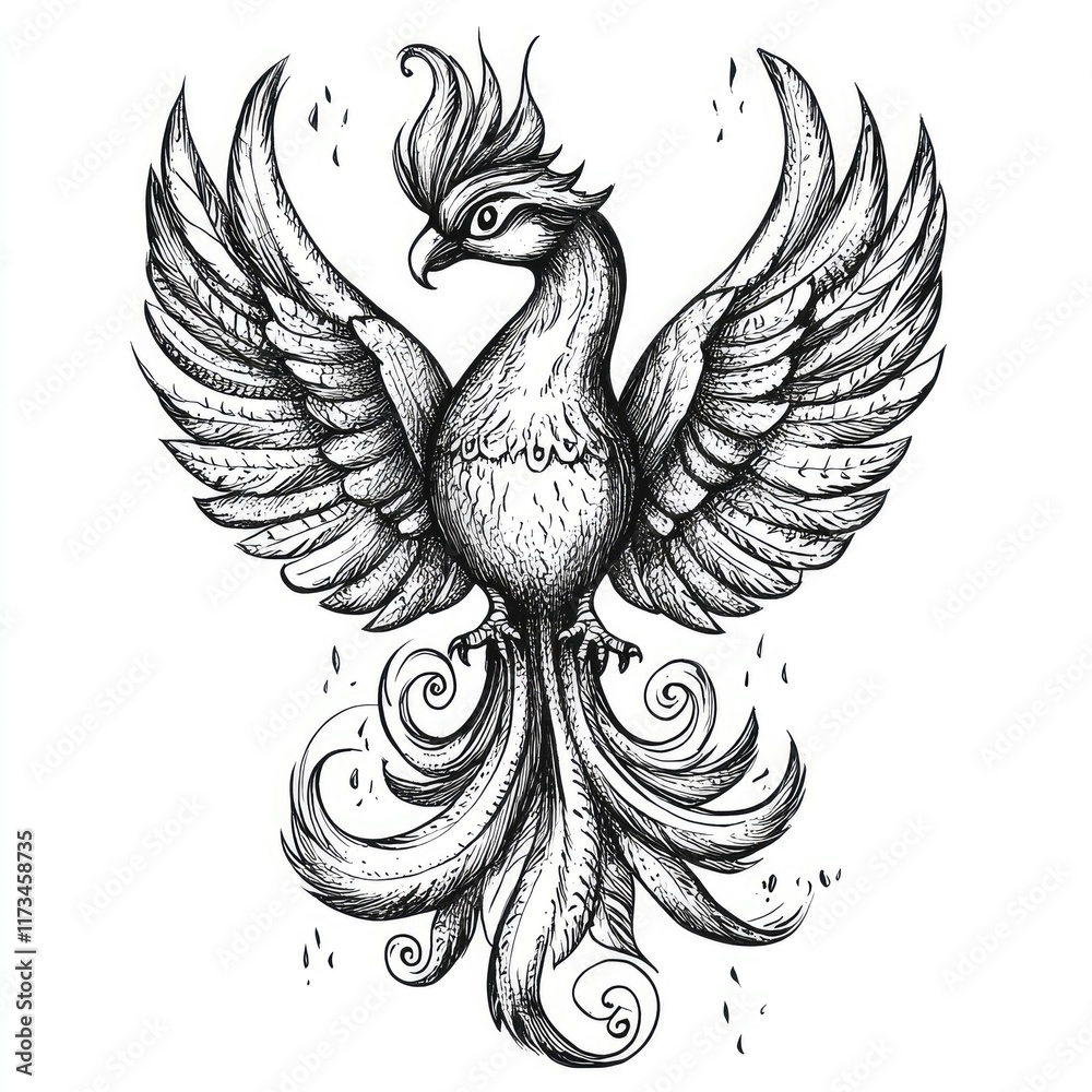 Fototapeta premium A detailed illustration of a mythical bird with elaborate wings and feathers.