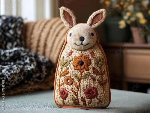 beige knitted bunny hot water bottle cover with embroidered floral design, displayed on a dark surface. photo