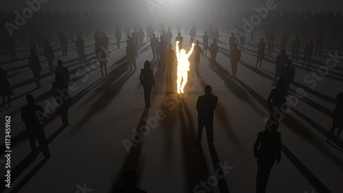 silhouette of a jubilant man made of gold among black silhouettes