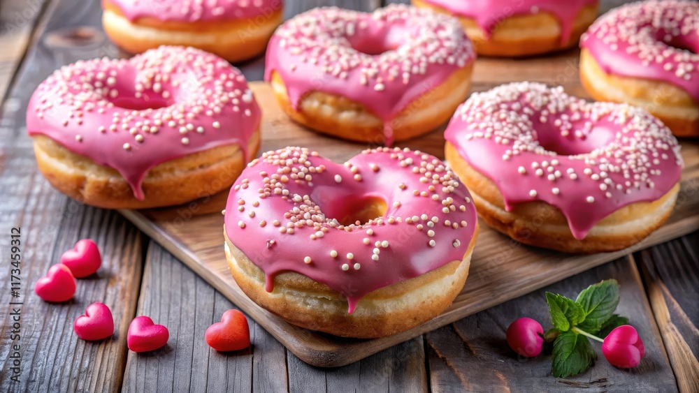 Heart-Shaped Donuts with Pink Glaze, Perfect for Valentine's Day Celebration, Creating a Sweet and Festive Atmosphere. Heart-Shaped Donuts with Pink Glaze, Perfect for Valentine's Day Celebration, Creating a Sweet and Festive Atmosphere.